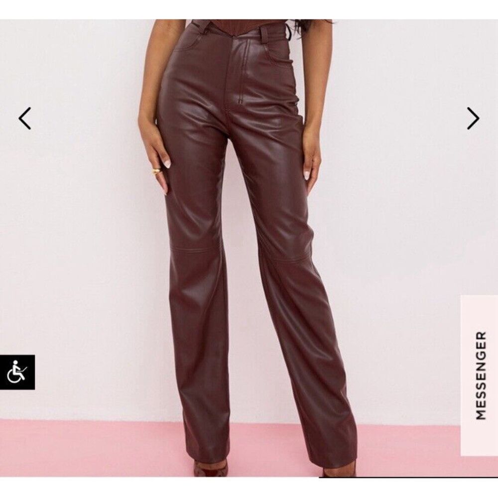 House Of CB Women Leather Brown High Waisted‎ Straight Trousers Pants Size L